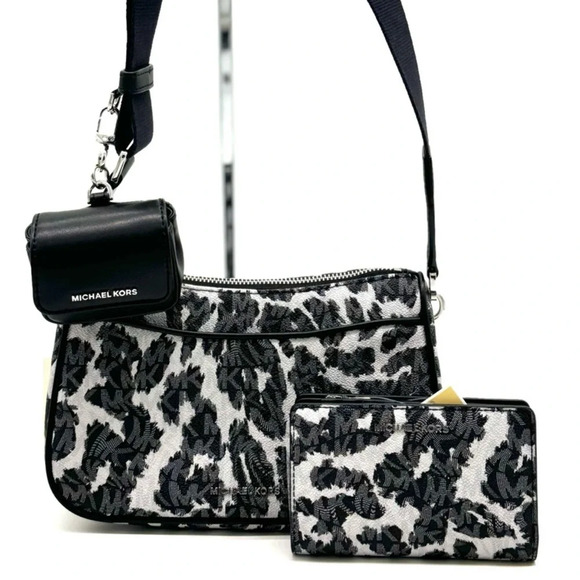 Michael Kors Jet Set Medium Leopard Logo Crossbody Bag w AirPods Case and Wallet - Picture 1 of 15